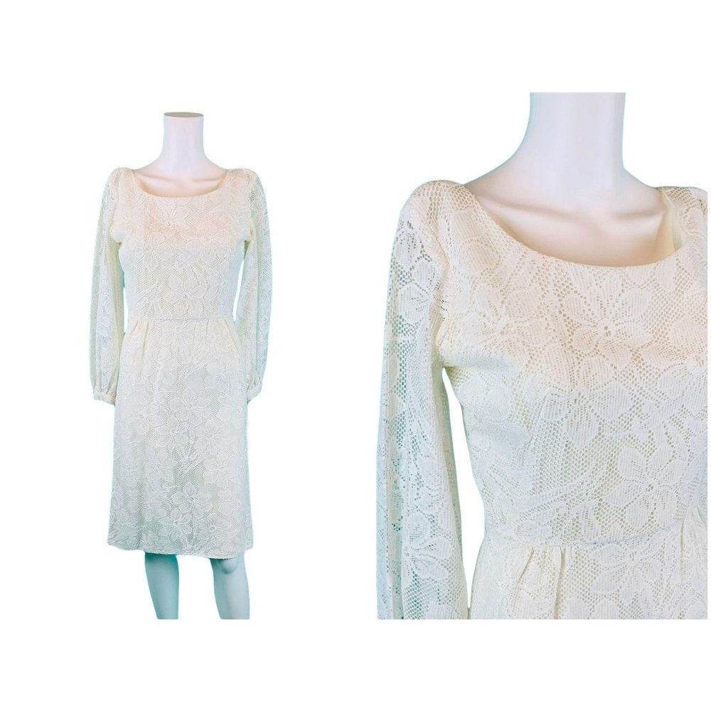 Vintage 60s Lace Dress Womens Extra Small White Floral Mini Cocktail
